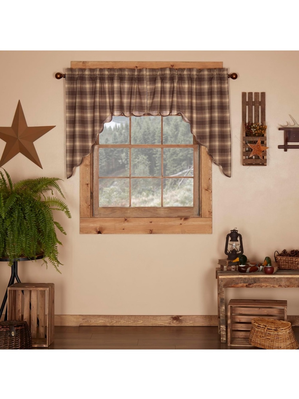 VHC Brands Rustic Swag Set (1) Dawson Star Scalloped in Brown Plaid.